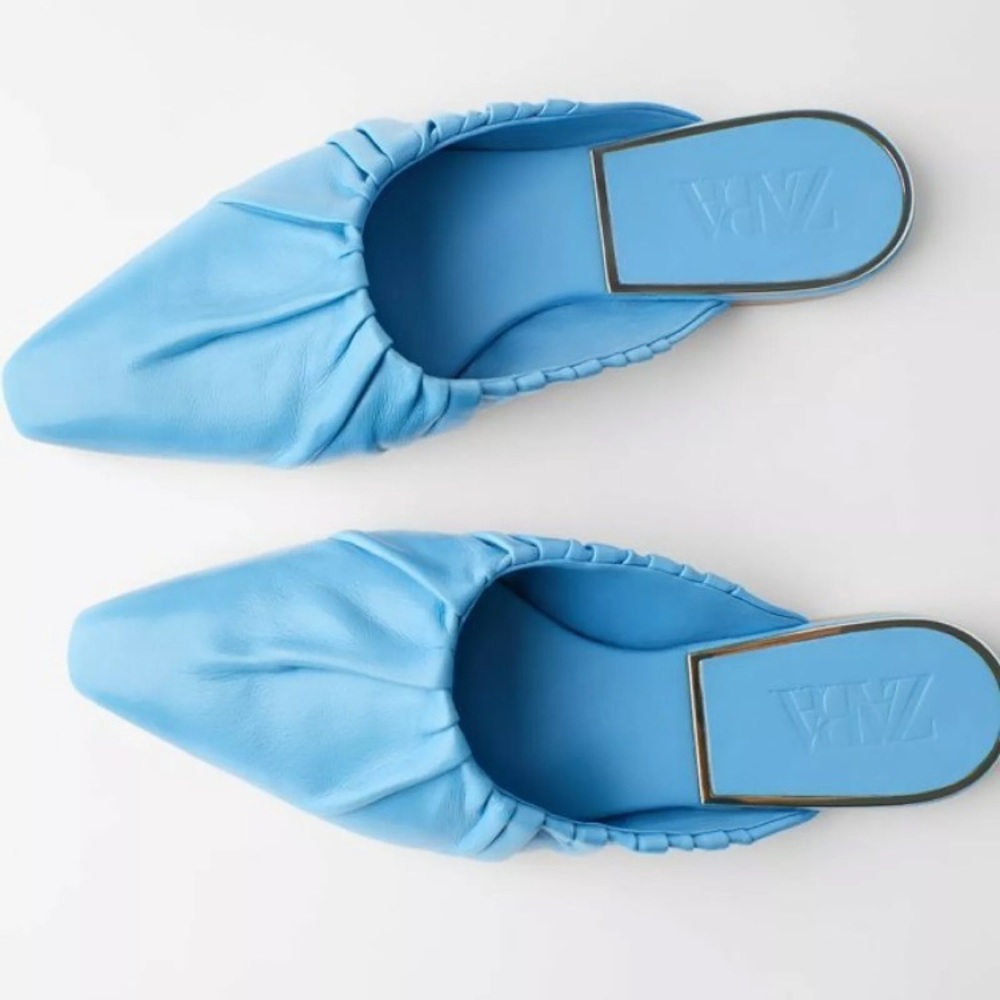 NEW! Zara Ruched Flat Leather Baby Blue Mules Square Toe Flats